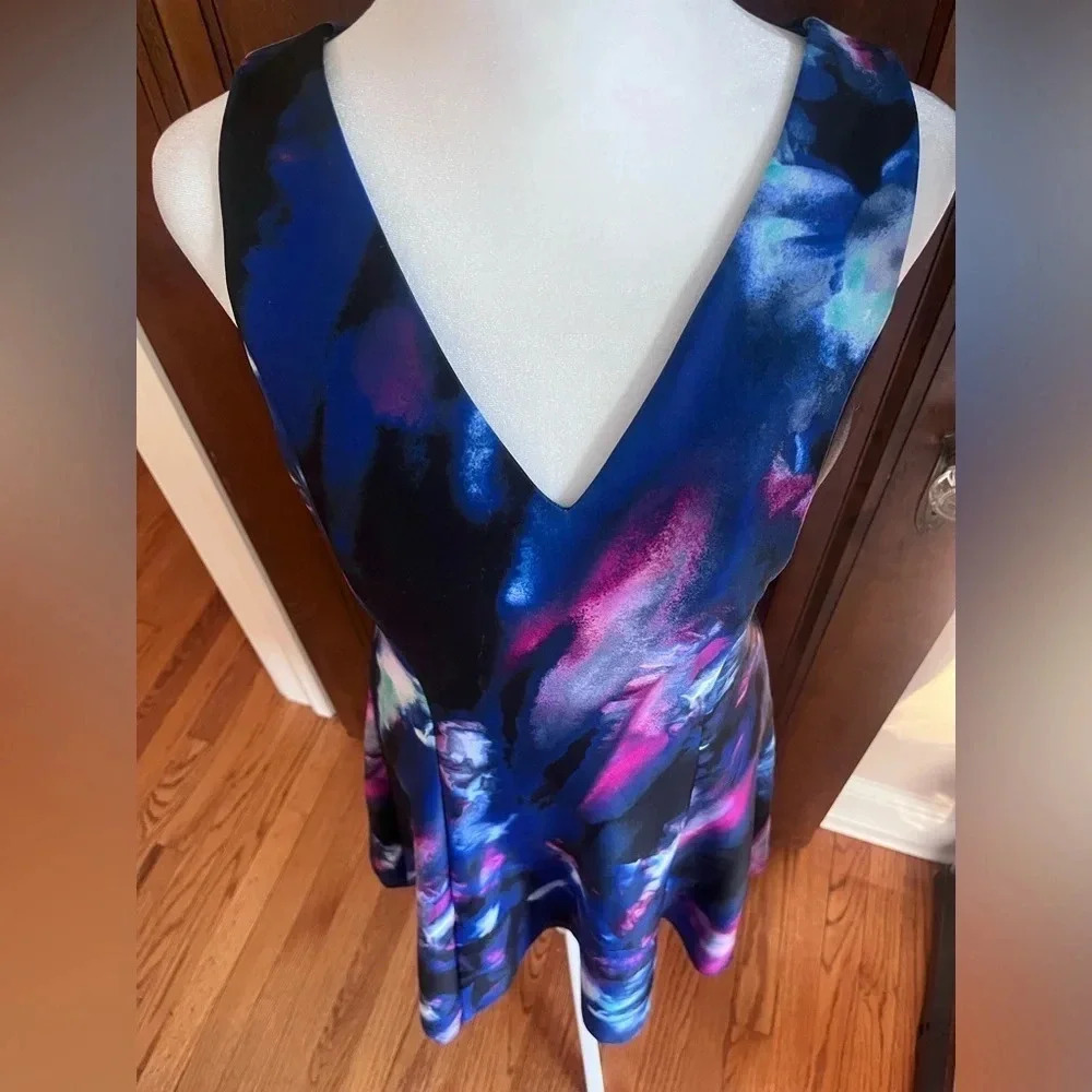 Donna Karan Black, Blue, and Pink Abstract Sleeveless V Neck Dress Women… - Picture 3 of 10